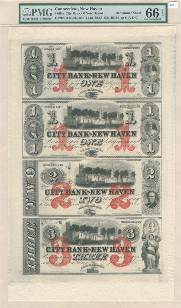 City Bank of New Haven - Uncut Obsolete Sheet - Broken Bank Notes - PMG Graded